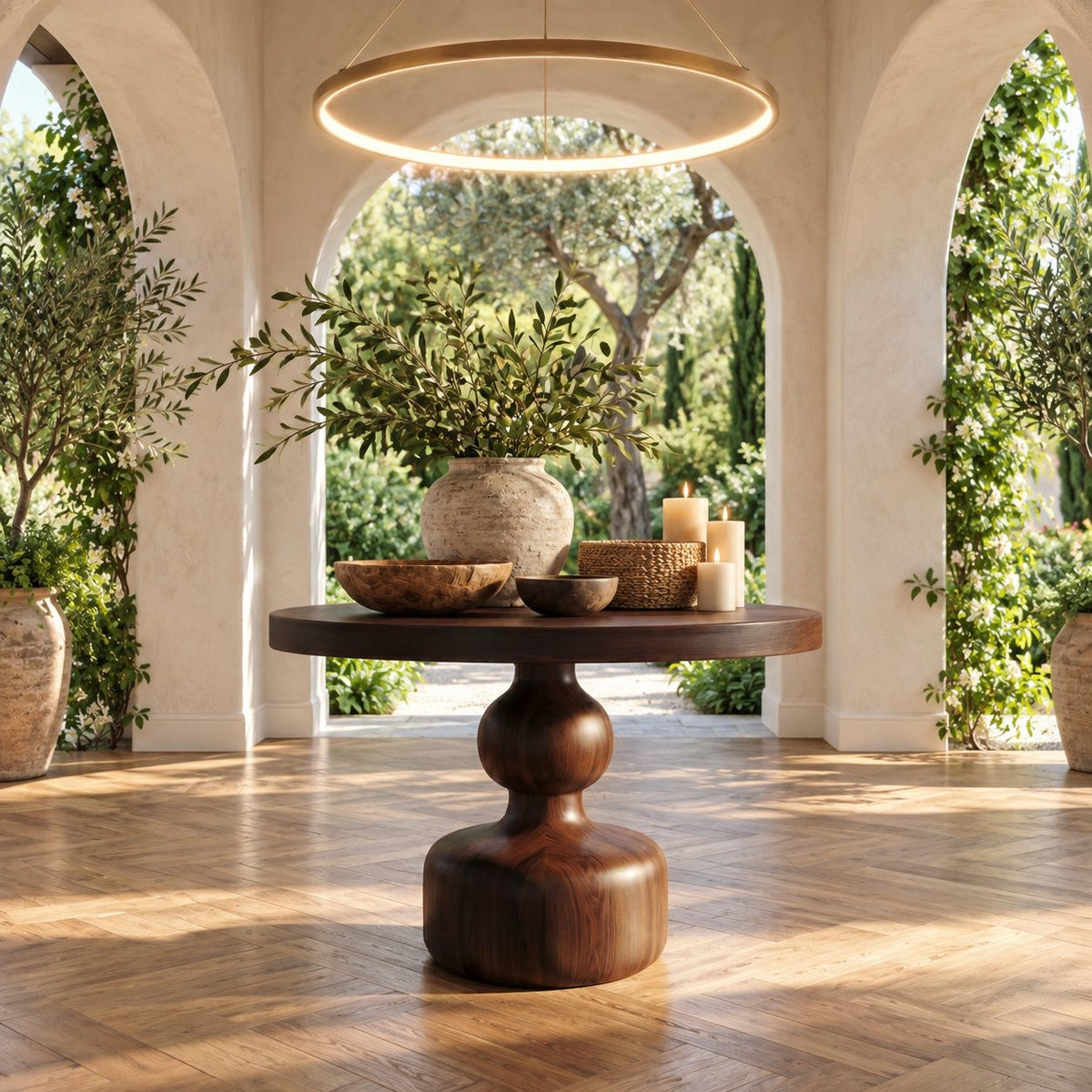Round Center Hall Table with Turned Gourd Pedestal, Rustic Solid Wood Foyer Accent Table for Entry