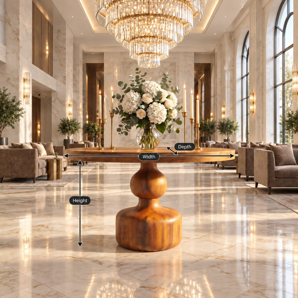 Round Center Hall Table with Turned Gourd Pedestal, Rustic Solid Wood Foyer Accent Table for Entry