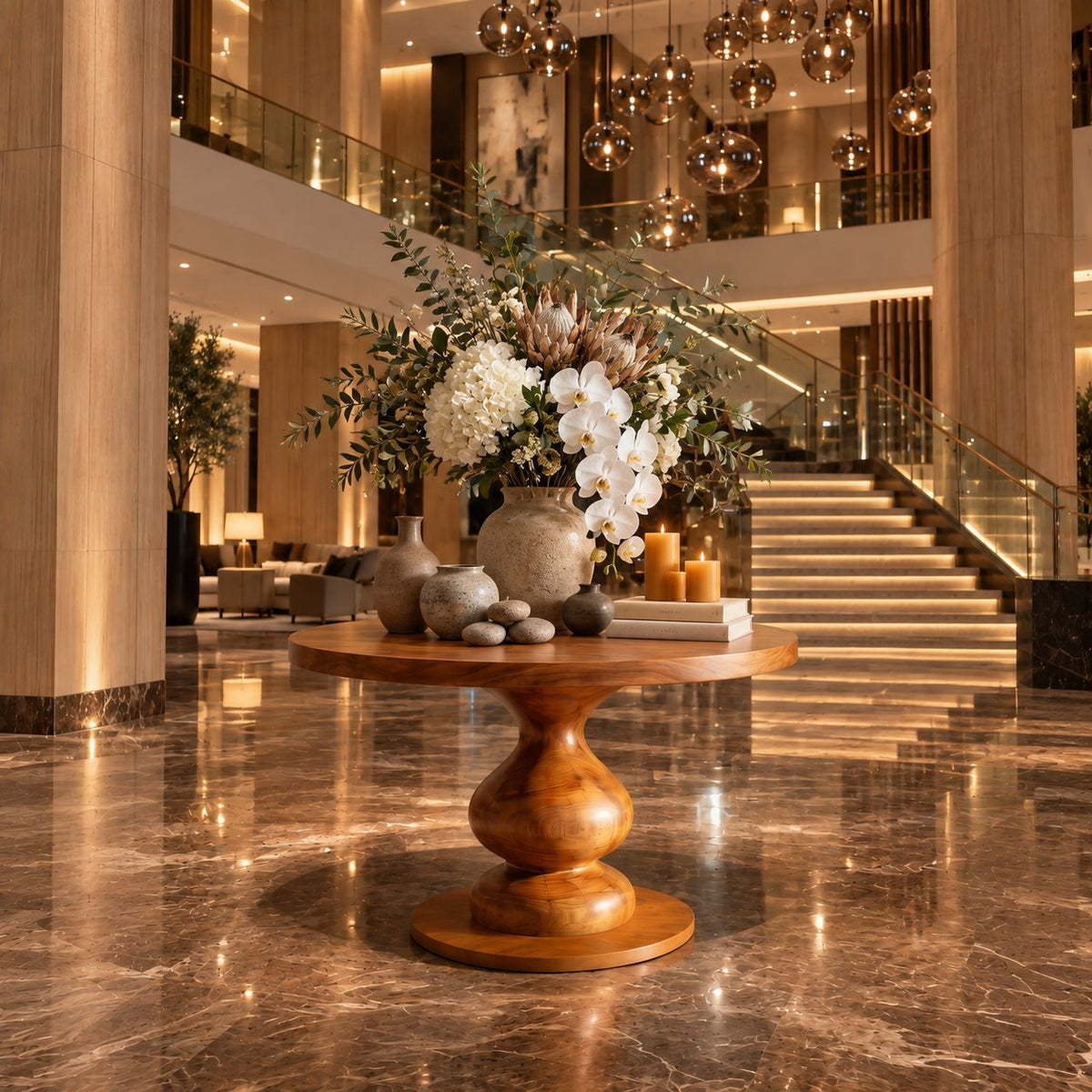 Round Entryway Table with Turned Baluster Pedestal and Disc Foot, Rustic Solid Wood Foyer Table