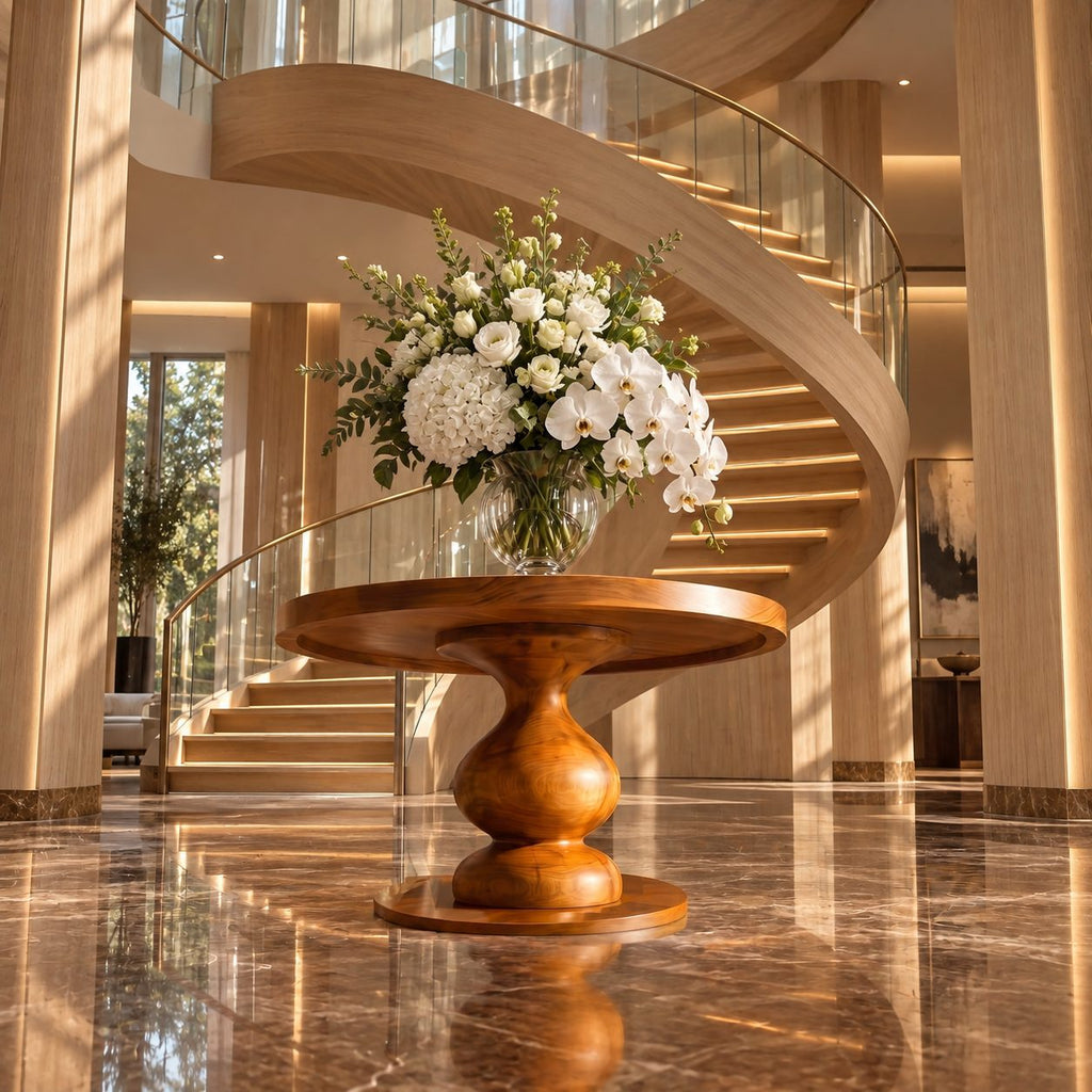 Round Entryway Table with Turned Baluster Pedestal and Disc Foot, Rustic Solid Wood Foyer Table