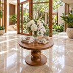 Round Entryway Table with Turned Baluster Pedestal and Disc Foot, Rustic Solid Wood Foyer Table