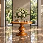 Round Entryway Table with Turned Baluster Pedestal and Disc Foot, Rustic Solid Wood Foyer Table
