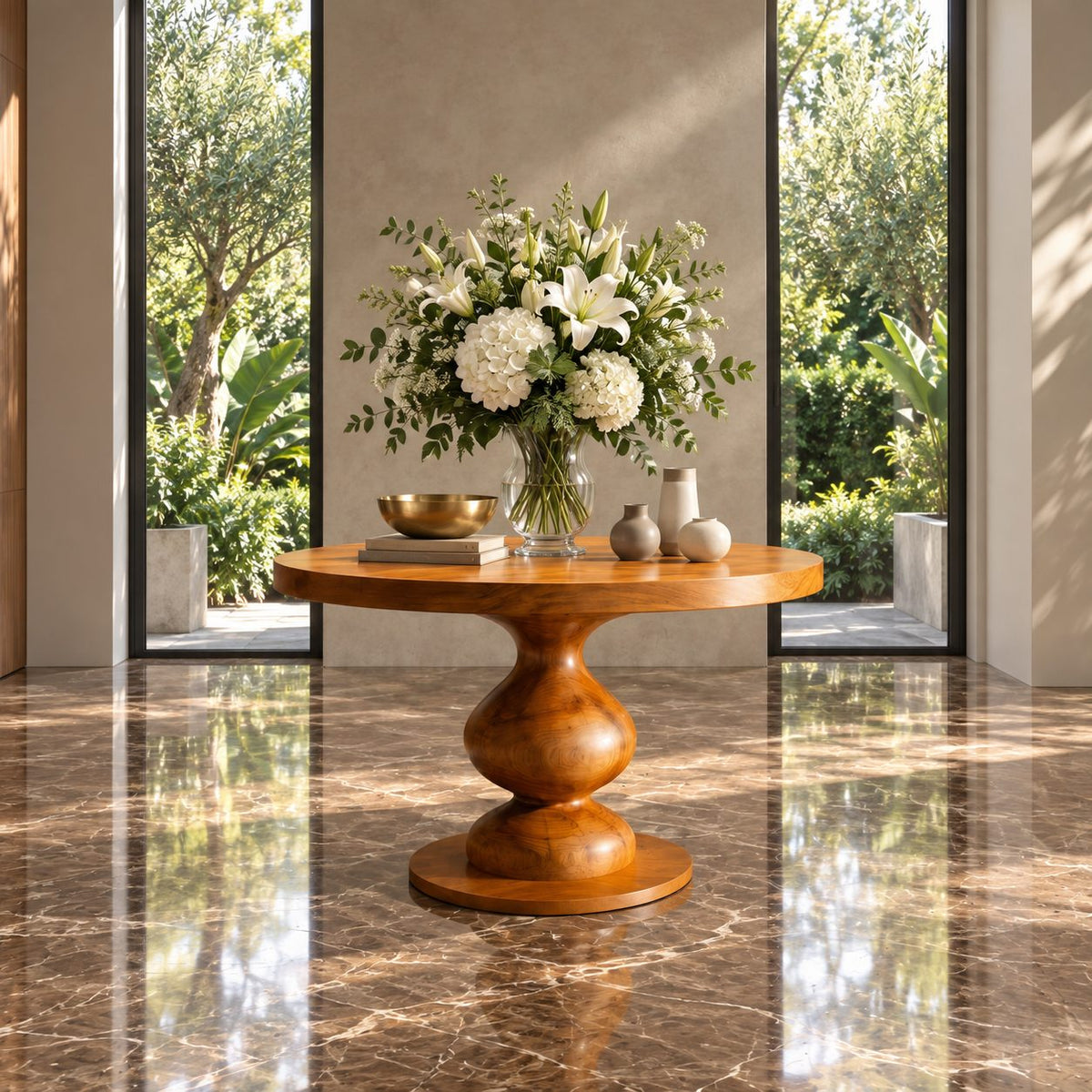 Round Entryway Table with Turned Baluster Pedestal and Disc Foot, Rustic Solid Wood Foyer Table
