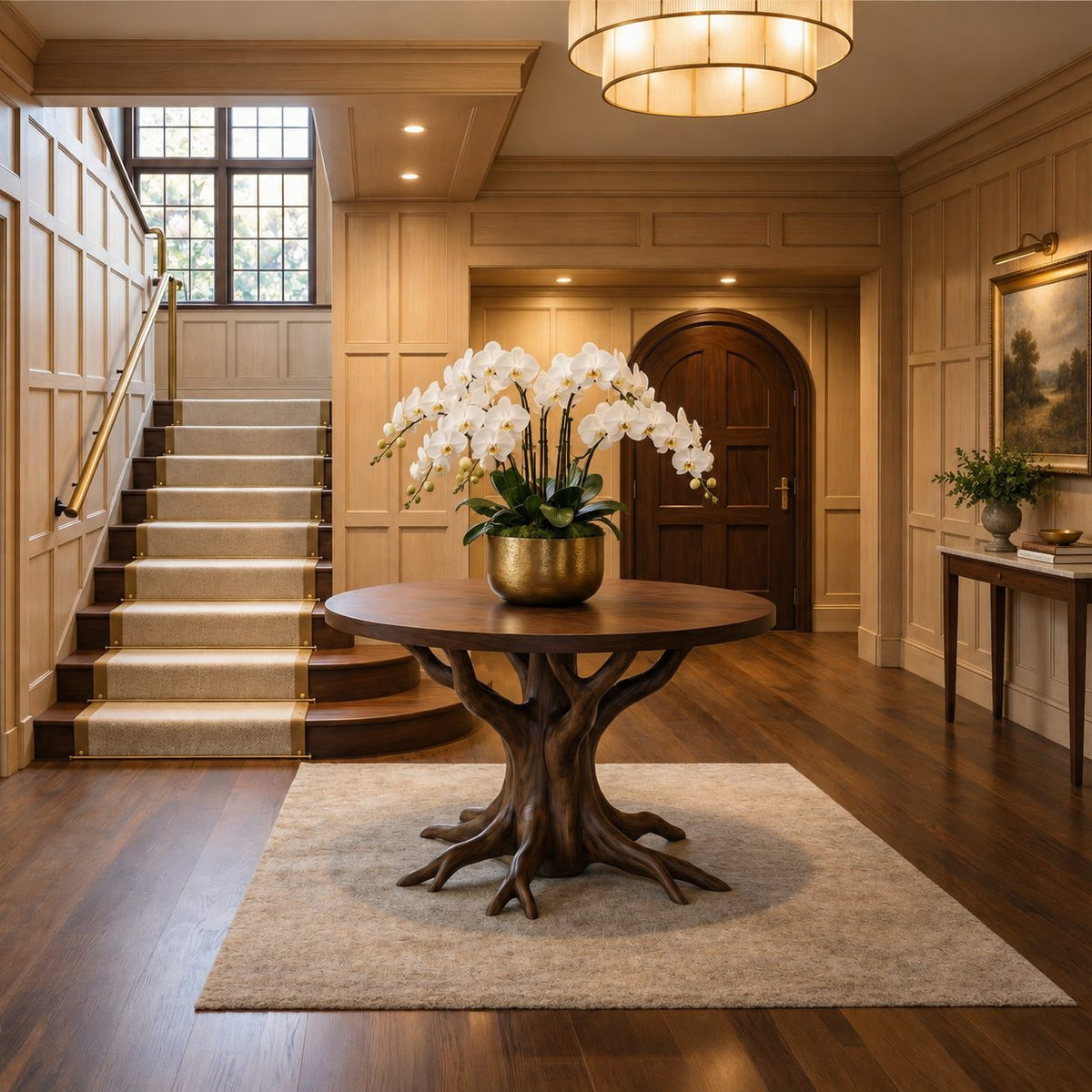 Tree Root Pedestal Foyer Table, Round Solid Wood Entryway Table with Carved Branching Root Base