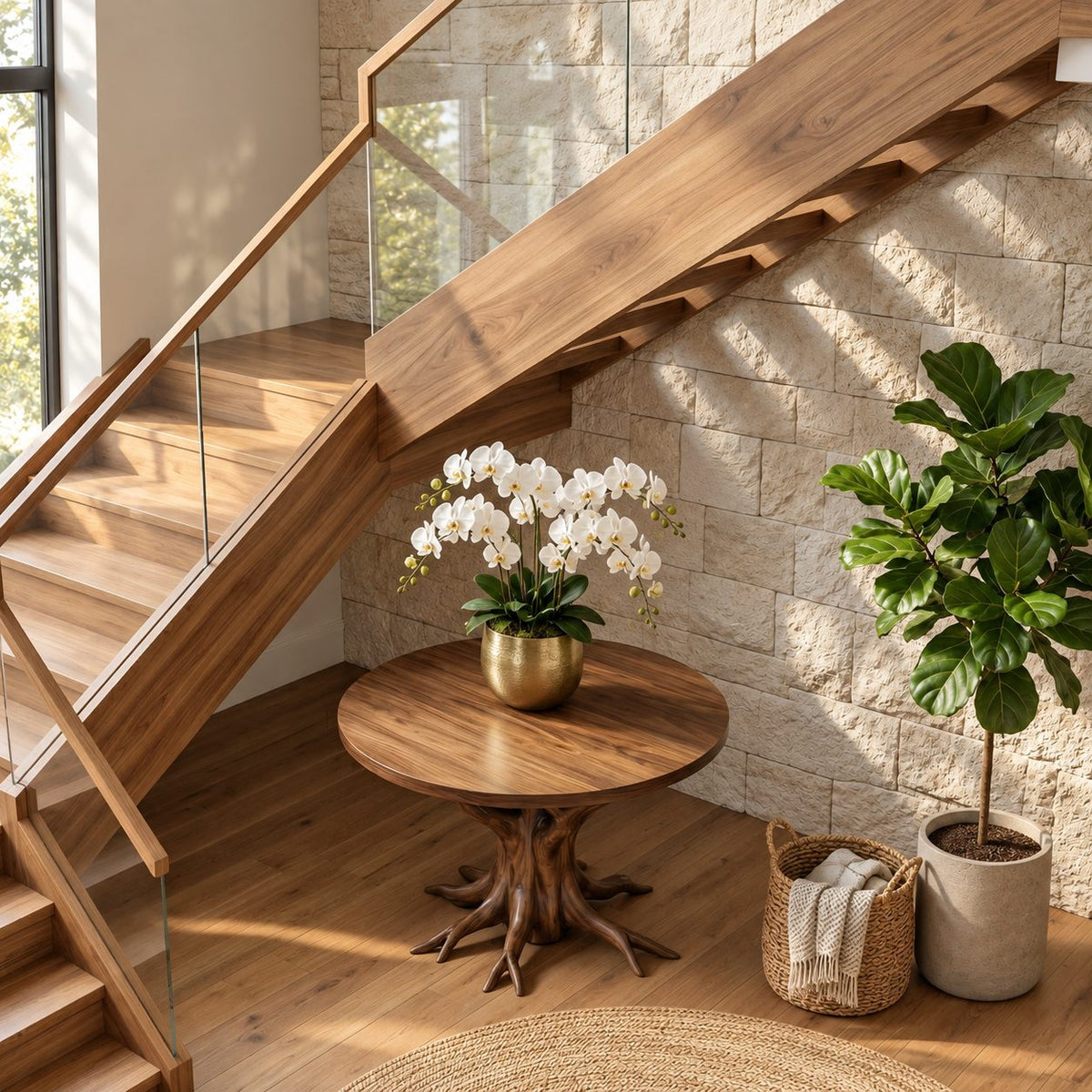 Tree Root Pedestal Foyer Table, Round Solid Wood Entryway Table with Carved Branching Root Base