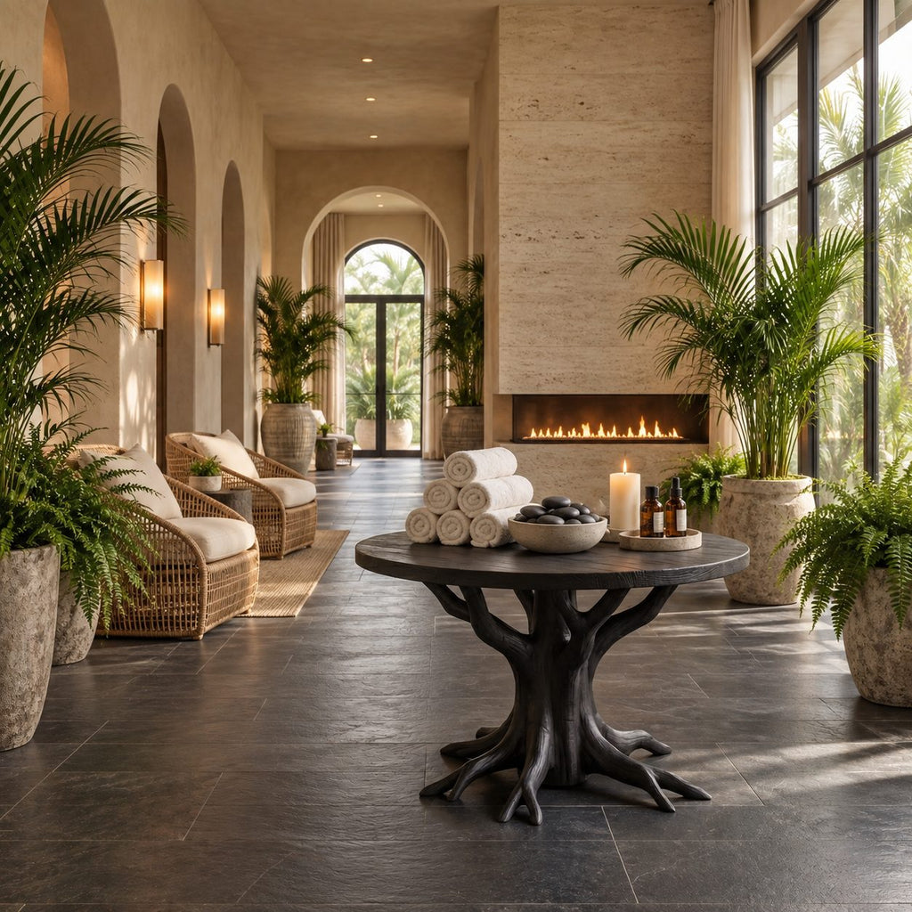 Tree Root Pedestal Foyer Table, Round Solid Wood Entryway Table with Carved Branching Root Base