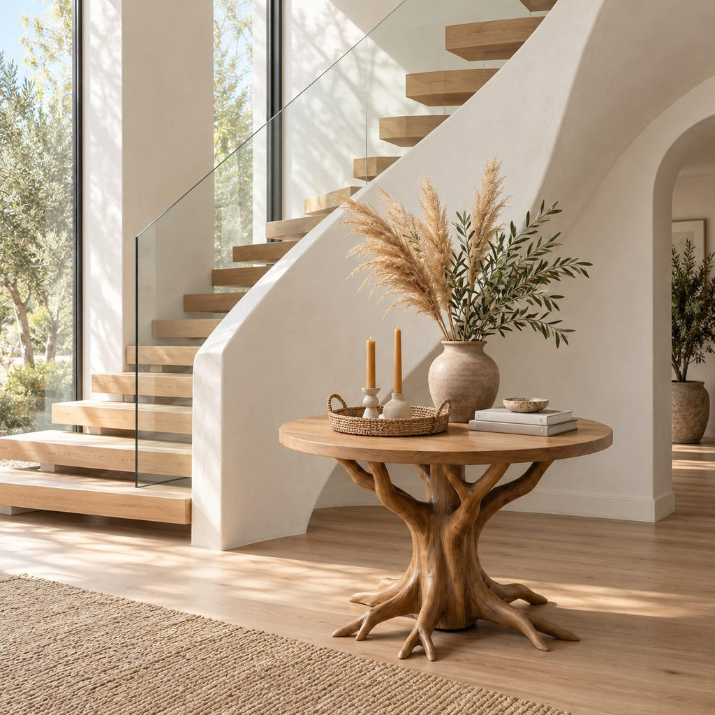 Tree Root Pedestal Foyer Table, Round Solid Wood Entryway Table with Carved Branching Root Base
