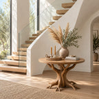 Tree Root Pedestal Foyer Table, Round Solid Wood Entryway Table with Carved Branching Root Base