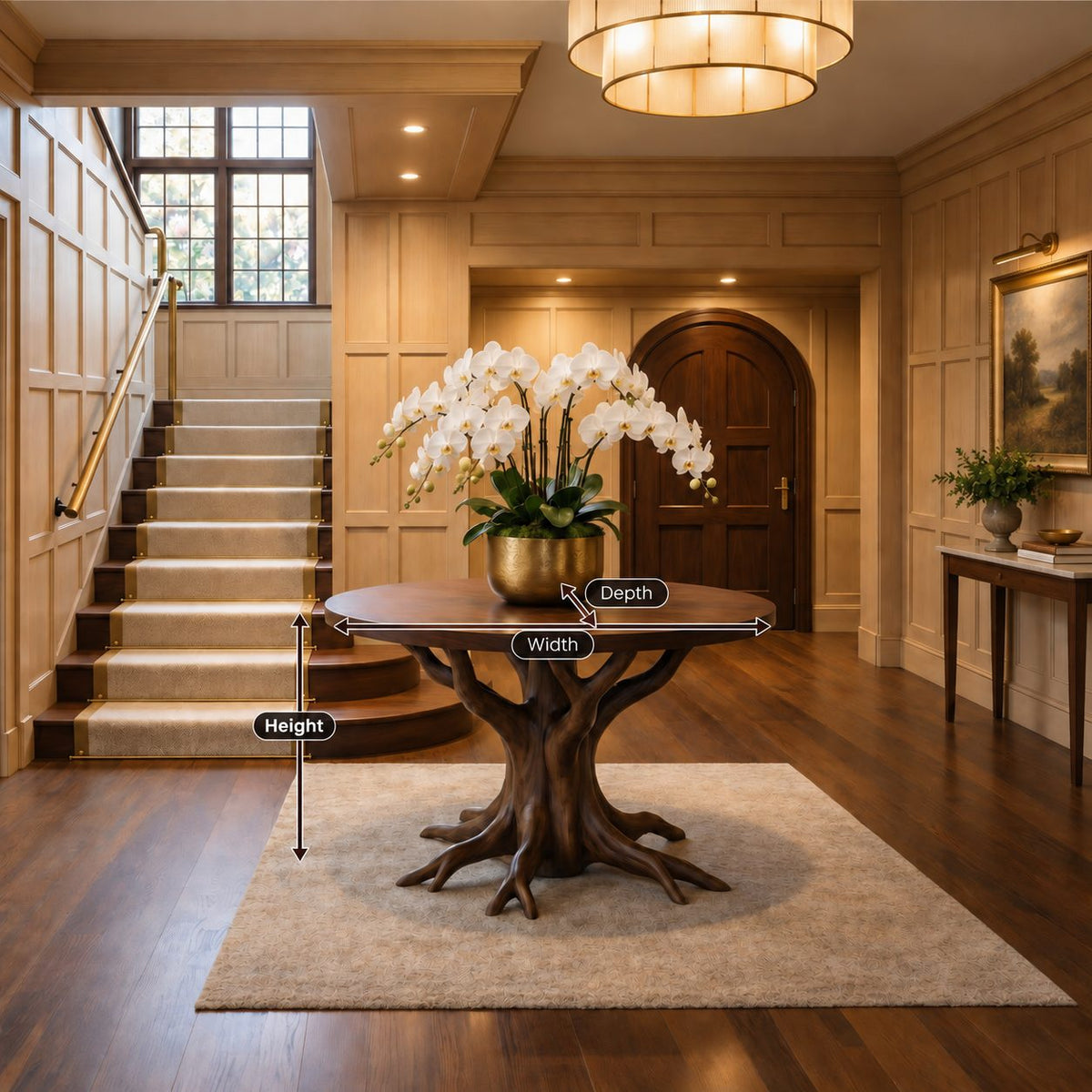 Tree Root Pedestal Foyer Table, Round Solid Wood Entryway Table with Carved Branching Root Base