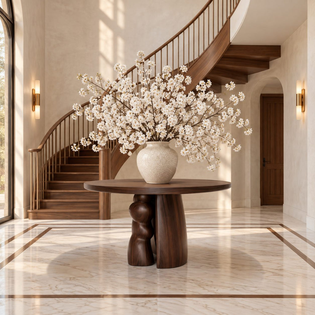 Organic Round Entryway Table with Sculpted Pebble Column Pedestal, Rustic Solid Wood Foyer Table