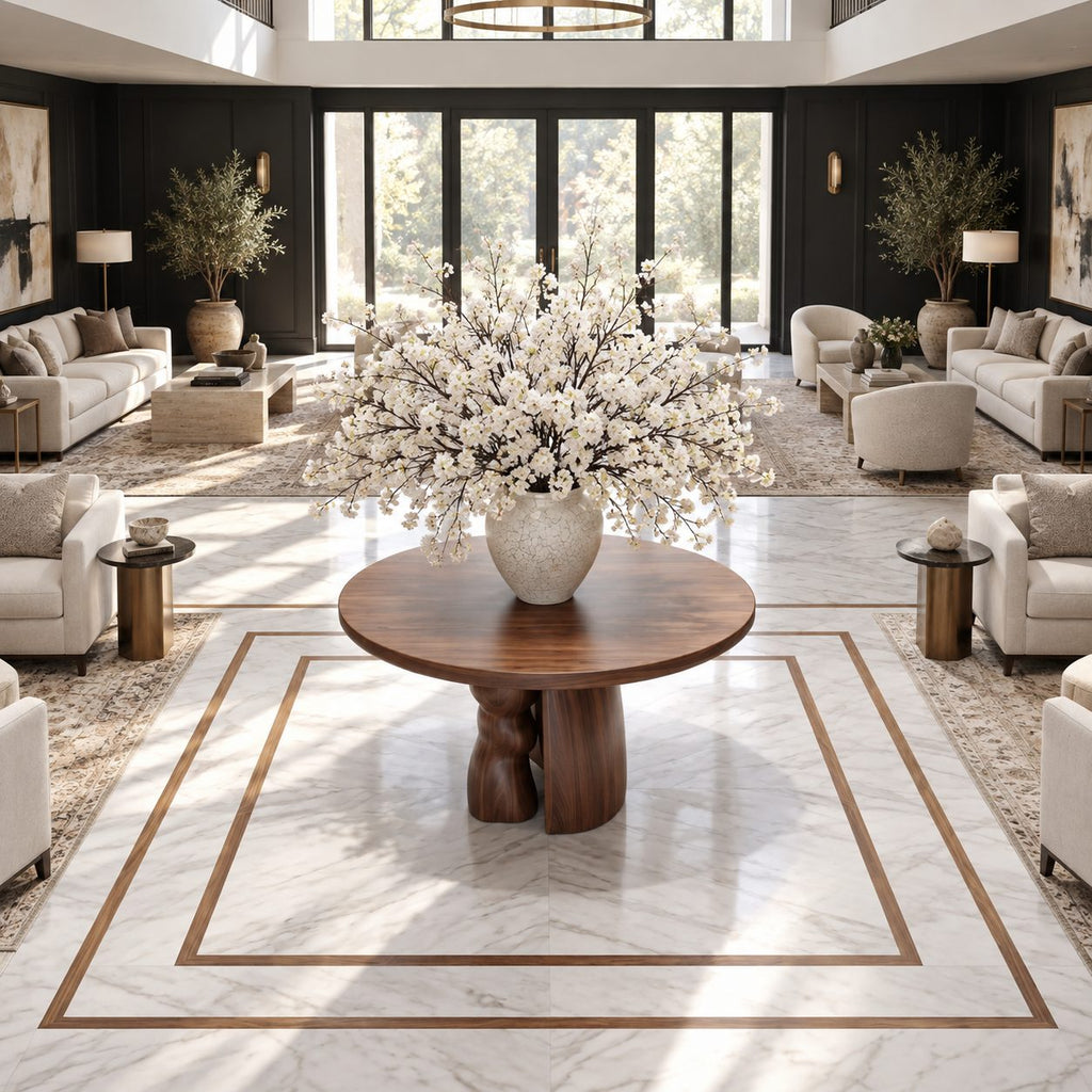 Organic Round Entryway Table with Sculpted Pebble Column Pedestal, Rustic Solid Wood Foyer Table