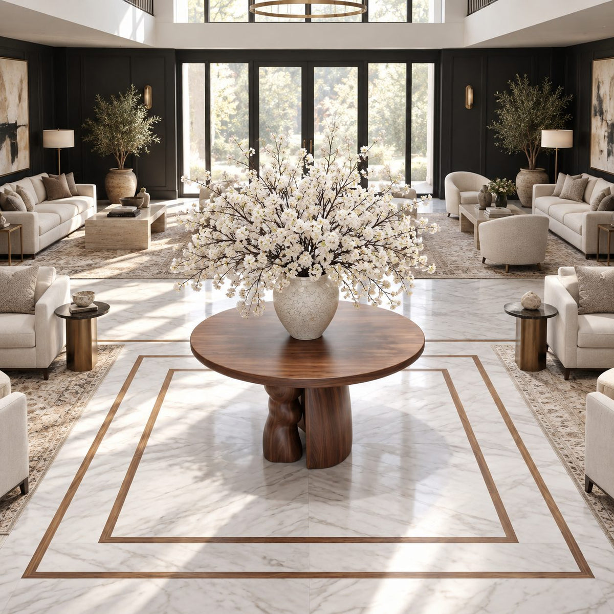 Organic Round Entryway Table with Sculpted Pebble Column Pedestal, Rustic Solid Wood Foyer Table