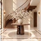 Organic Round Entryway Table with Sculpted Pebble Column Pedestal, Rustic Solid Wood Foyer Table