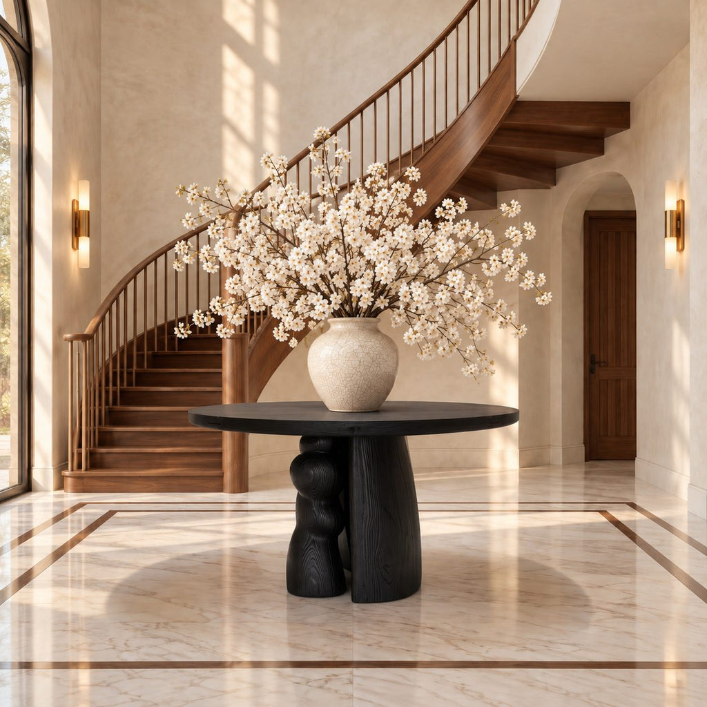 Organic Round Entryway Table with Sculpted Pebble Column Pedestal, Rustic Solid Wood Foyer Table