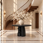 Organic Round Entryway Table with Sculpted Pebble Column Pedestal, Rustic Solid Wood Foyer Table