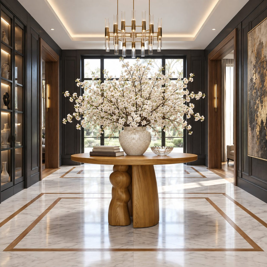 Organic Round Entryway Table with Sculpted Pebble Column Pedestal, Rustic Solid Wood Foyer Table