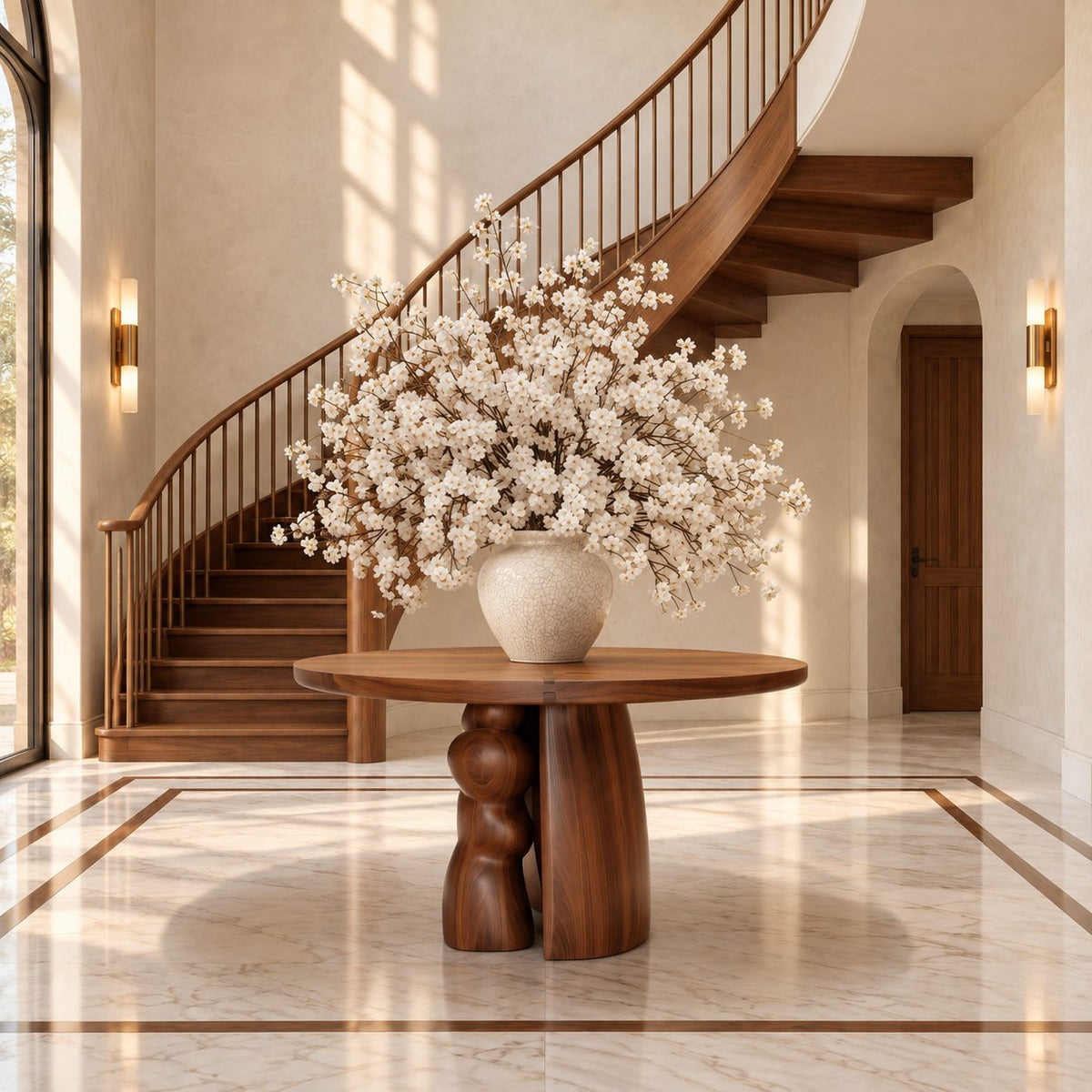 Organic Round Entryway Table with Sculpted Pebble Column Pedestal, Rustic Solid Wood Foyer Table