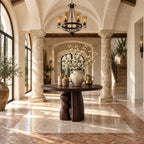 Organic Round Entryway Table with Sculpted Pebble Column Pedestal, Rustic Solid Wood Foyer Table