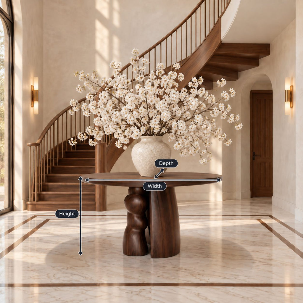 Organic Round Entryway Table with Sculpted Pebble Column Pedestal, Rustic Solid Wood Foyer Table