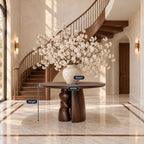Organic Round Entryway Table with Sculpted Pebble Column Pedestal, Rustic Solid Wood Foyer Table
