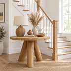 Rustic Round Foyer Table with Three Chunky Log Legs, Solid Wood Entryway Table for Hall and Stairs