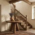 Rustic Round Foyer Table with Three Chunky Log Legs, Solid Wood Entryway Table for Hall and Stairs