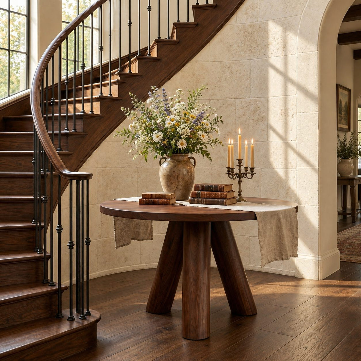 Rustic Round Foyer Table with Three Chunky Log Legs, Solid Wood Entryway Table for Hall and Stairs
