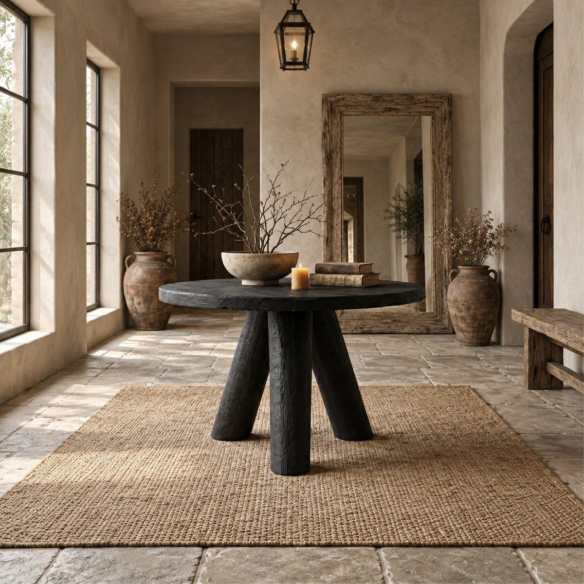 Rustic Round Foyer Table with Three Chunky Log Legs, Solid Wood Entryway Table for Hall and Stairs