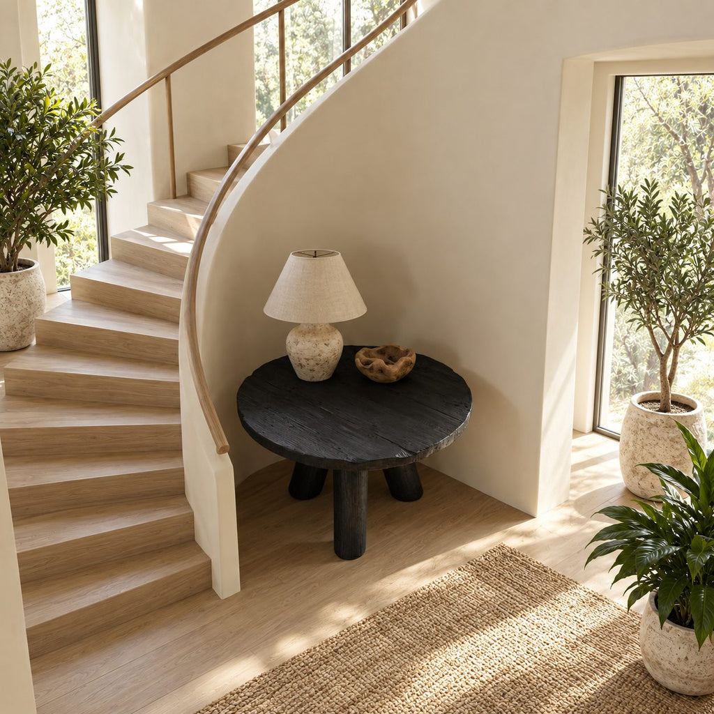 Rustic Round Foyer Table with Three Chunky Log Legs, Solid Wood Entryway Table for Hall and Stairs