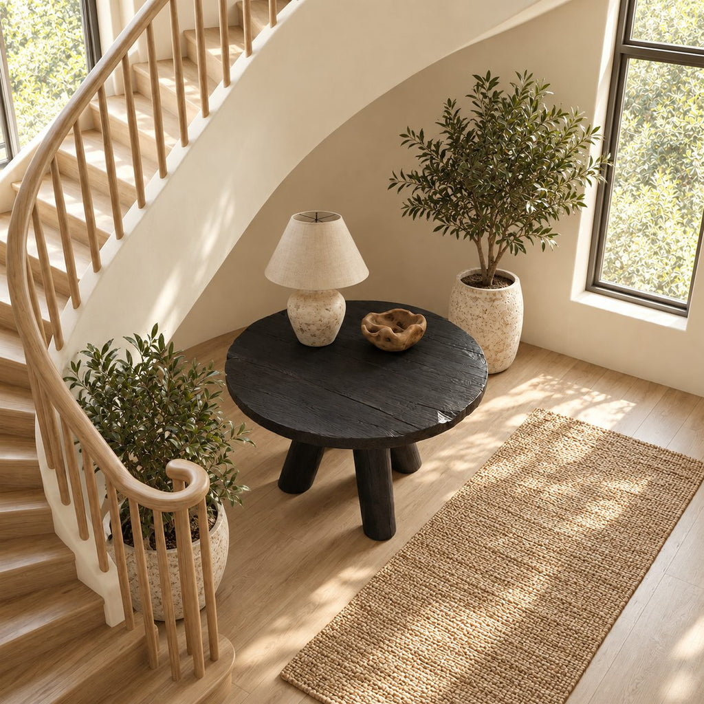 Rustic Round Foyer Table with Three Chunky Log Legs, Solid Wood Entryway Table for Hall and Stairs