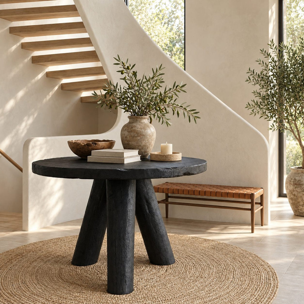 Rustic Round Foyer Table with Three Chunky Log Legs, Solid Wood Entryway Table for Hall and Stairs