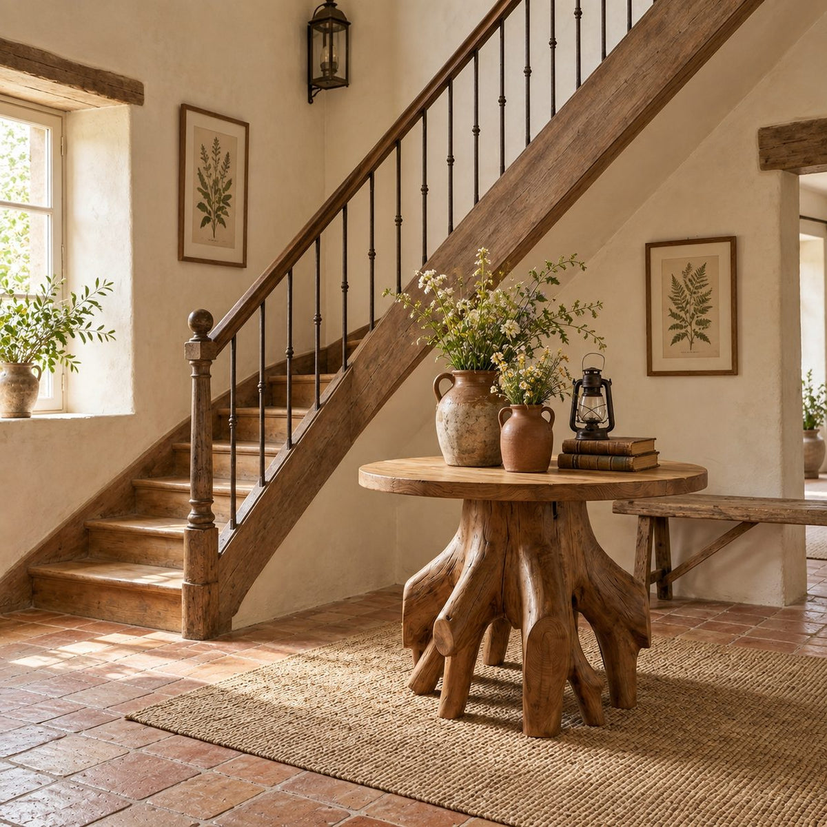Organic Root Base Round Foyer Table, Sculptural Solid Wood Entryway Accent Table for Living Room