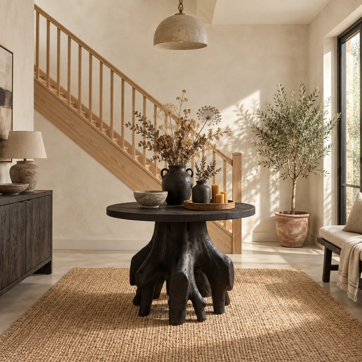 Organic Root Base Round Foyer Table, Sculptural Solid Wood Entryway Accent Table for Living Room