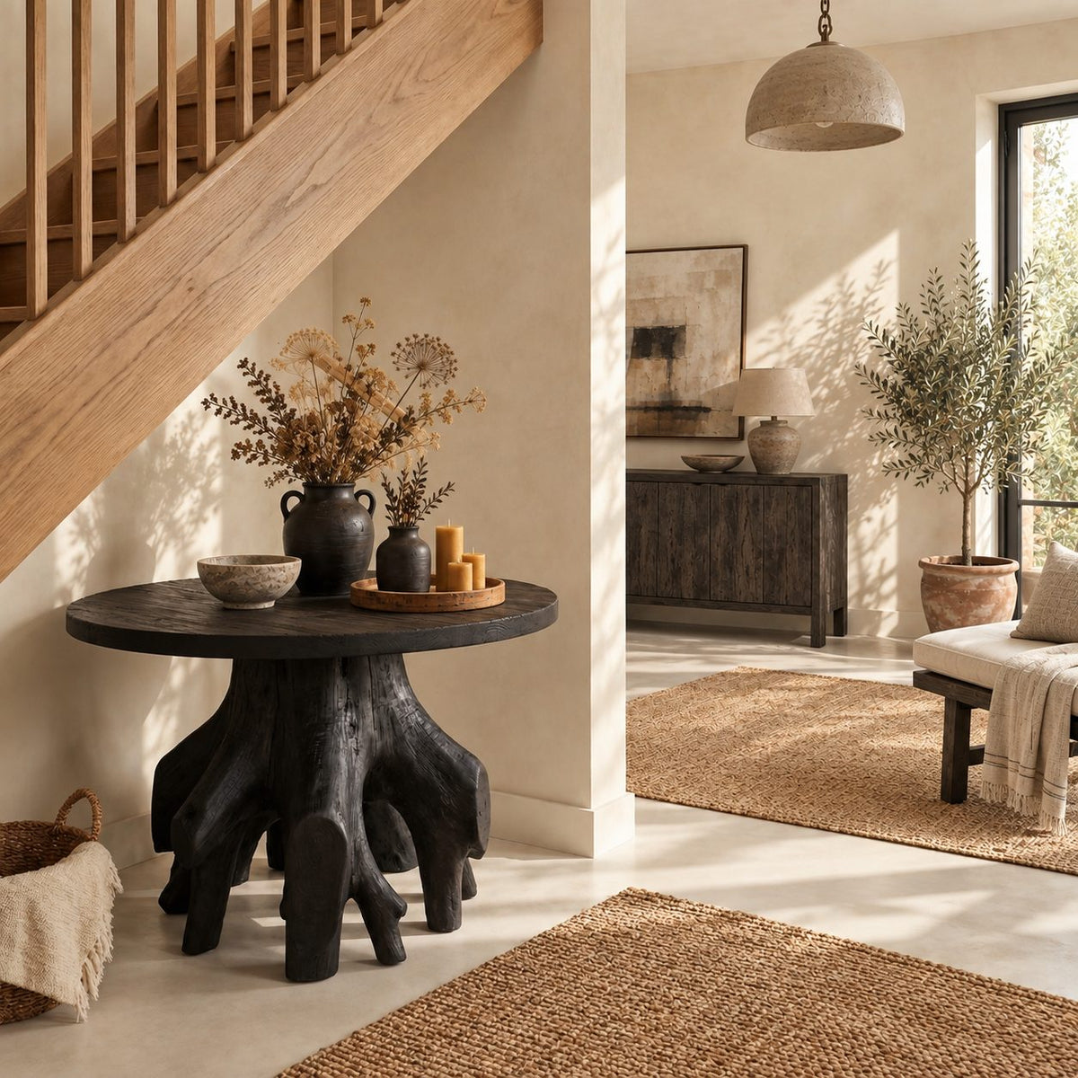 Organic Root Base Round Foyer Table, Sculptural Solid Wood Entryway Accent Table for Living Room