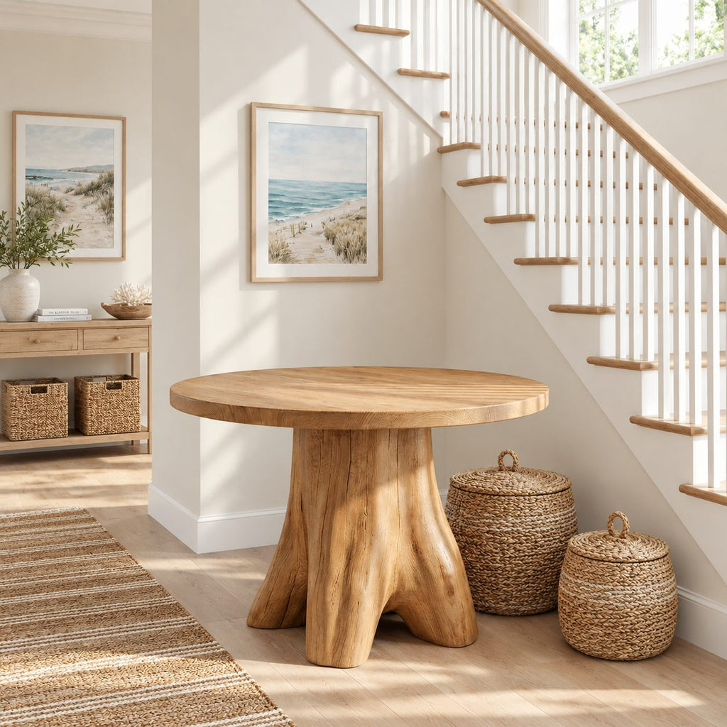 Tree Stump Pedestal Round Entryway Table, Rustic Modern Solid Wood Foyer Accent Table for Hallway
