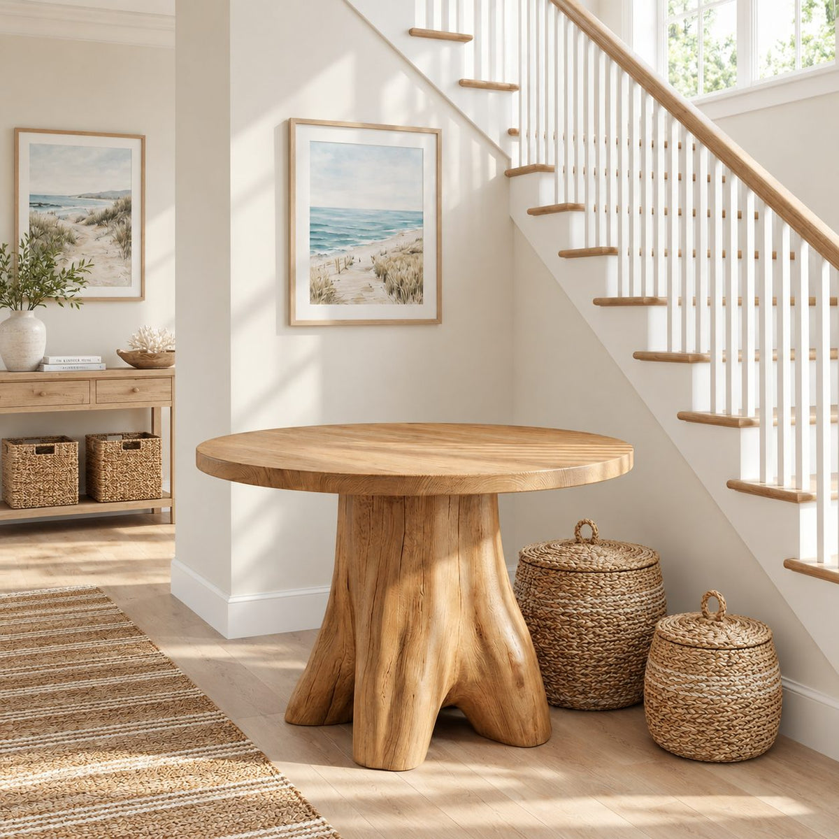 Tree Stump Pedestal Round Entryway Table, Rustic Modern Solid Wood Foyer Accent Table for Hallway