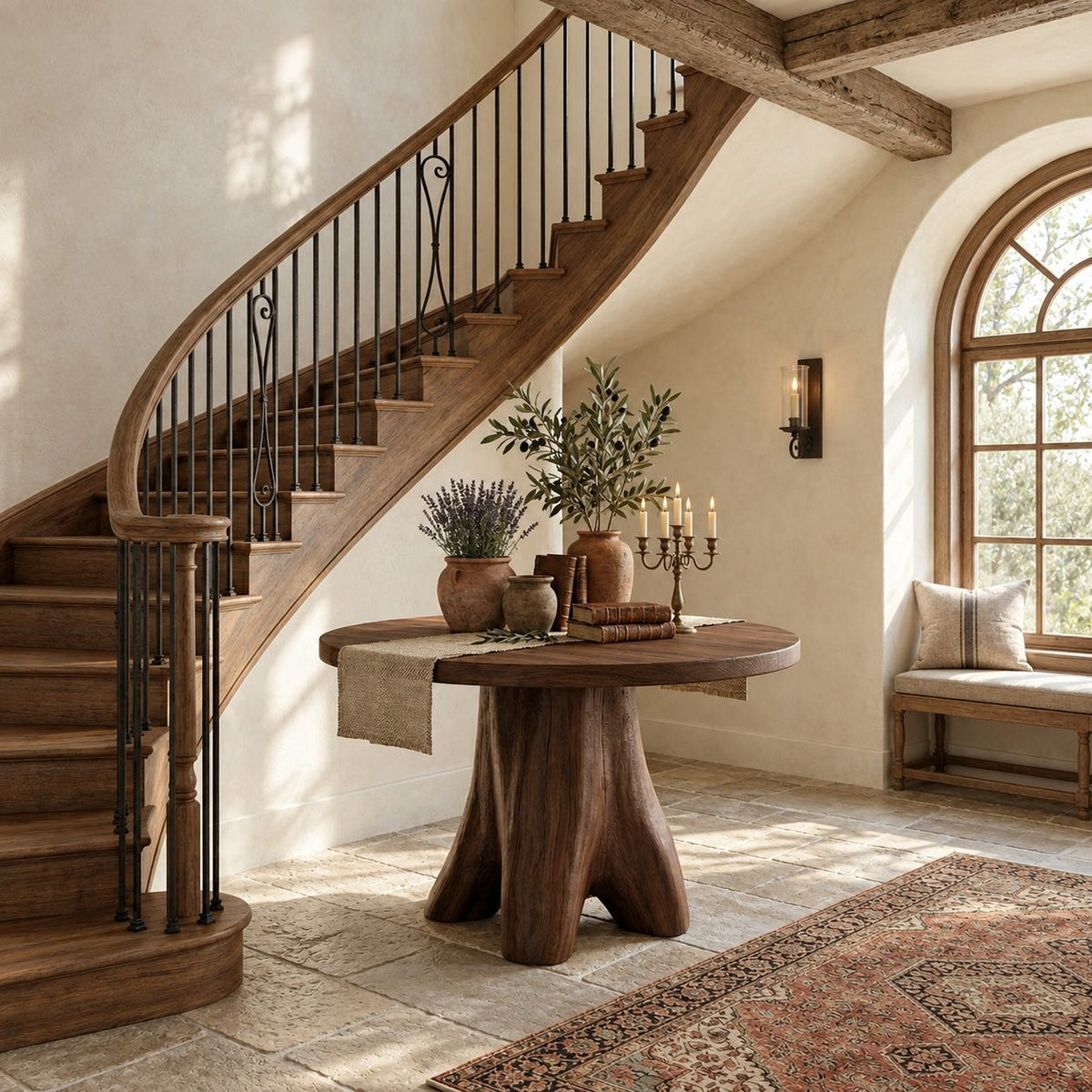 Tree Stump Pedestal Round Entryway Table, Rustic Modern Solid Wood Foyer Accent Table for Hallway