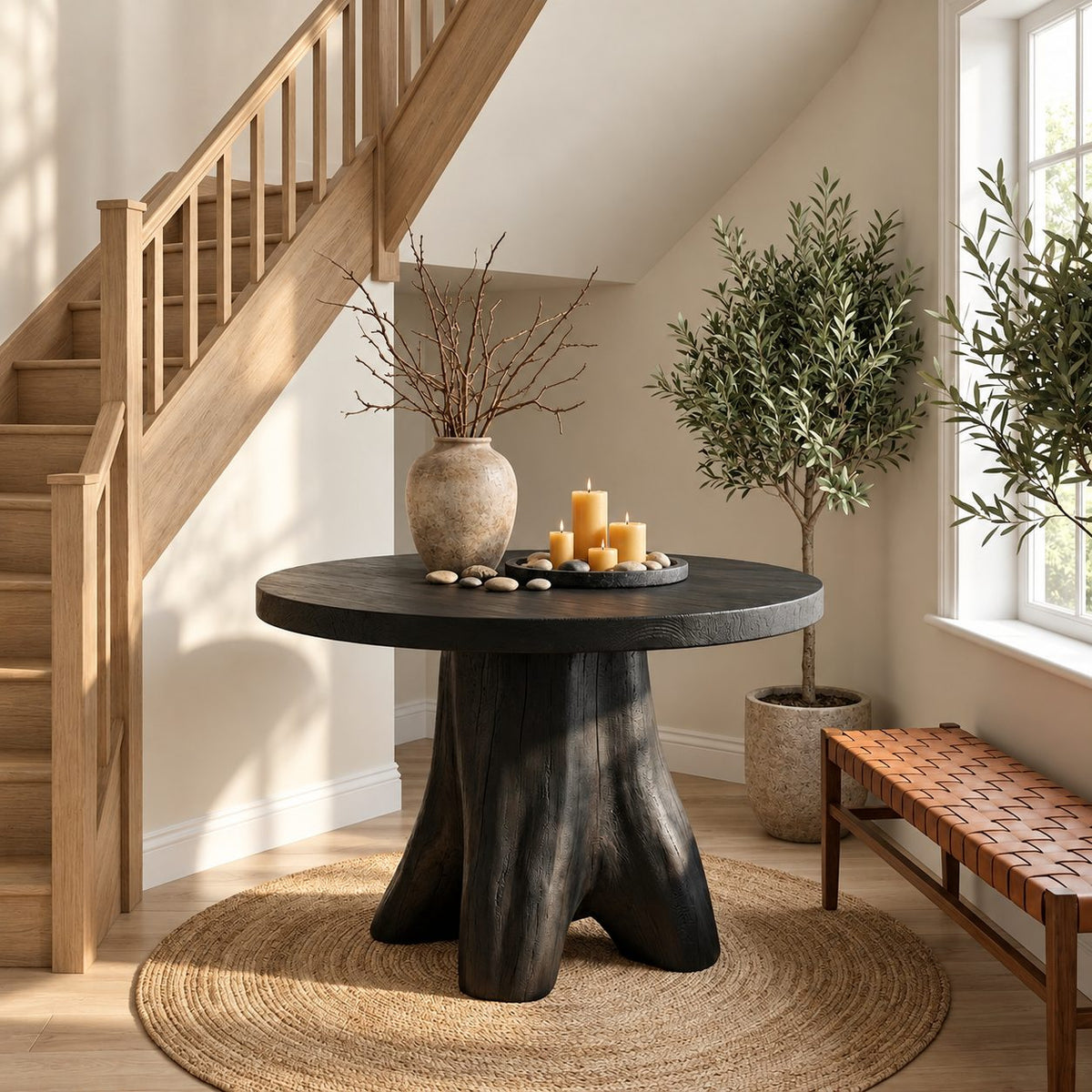 Tree Stump Pedestal Round Entryway Table, Rustic Modern Solid Wood Foyer Accent Table for Hallway