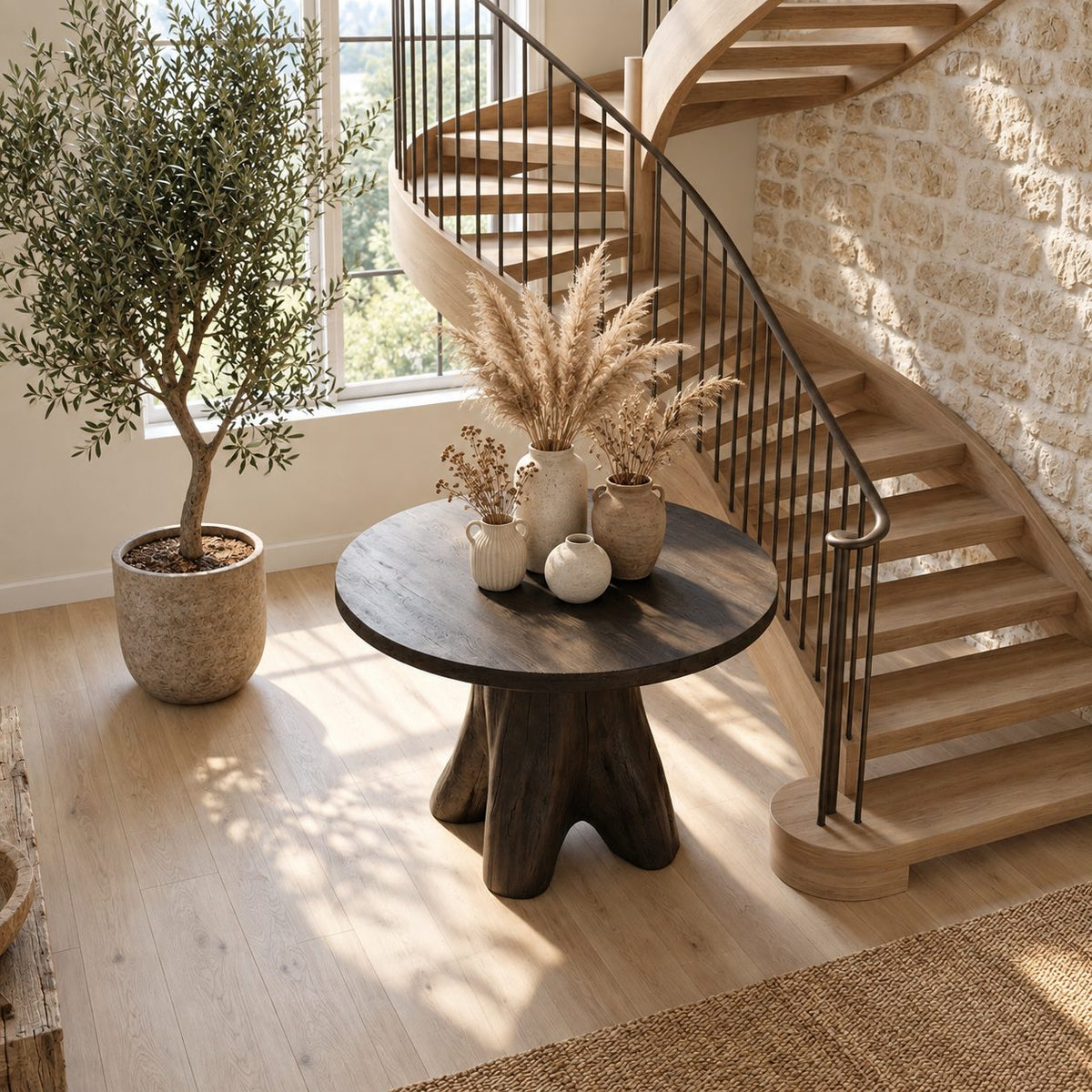 Tree Stump Pedestal Round Entryway Table, Rustic Modern Solid Wood Foyer Accent Table for Hallway