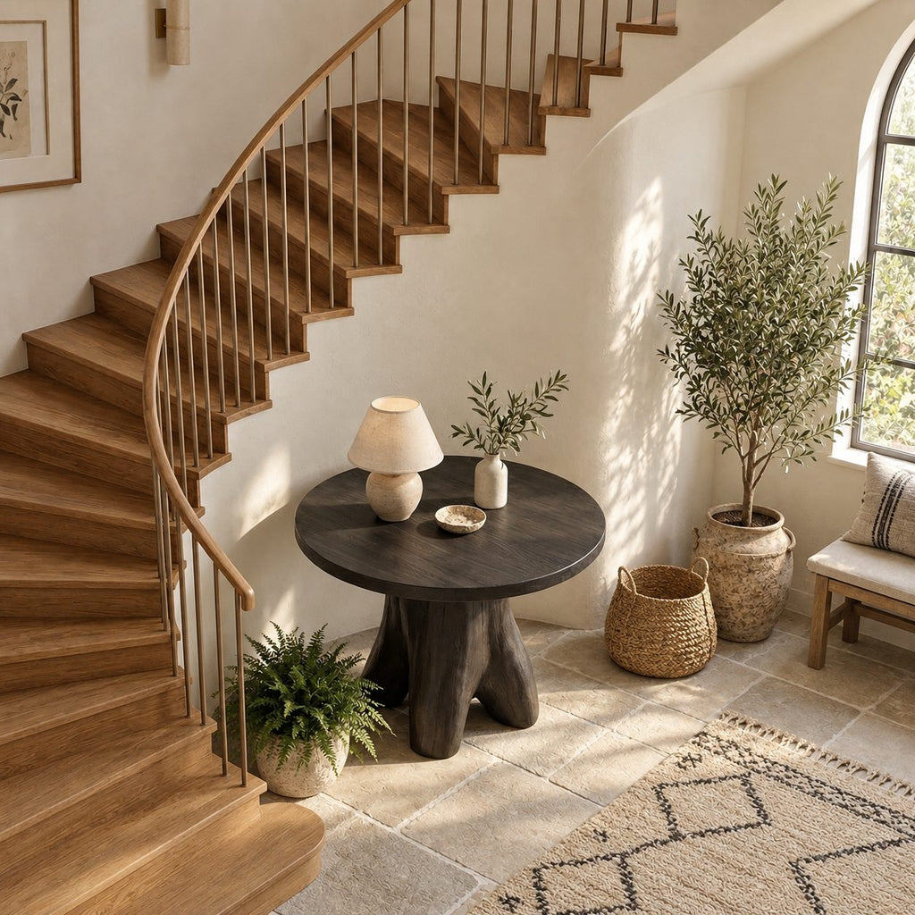 Tree Stump Pedestal Round Entryway Table, Rustic Modern Solid Wood Foyer Accent Table for Hallway
