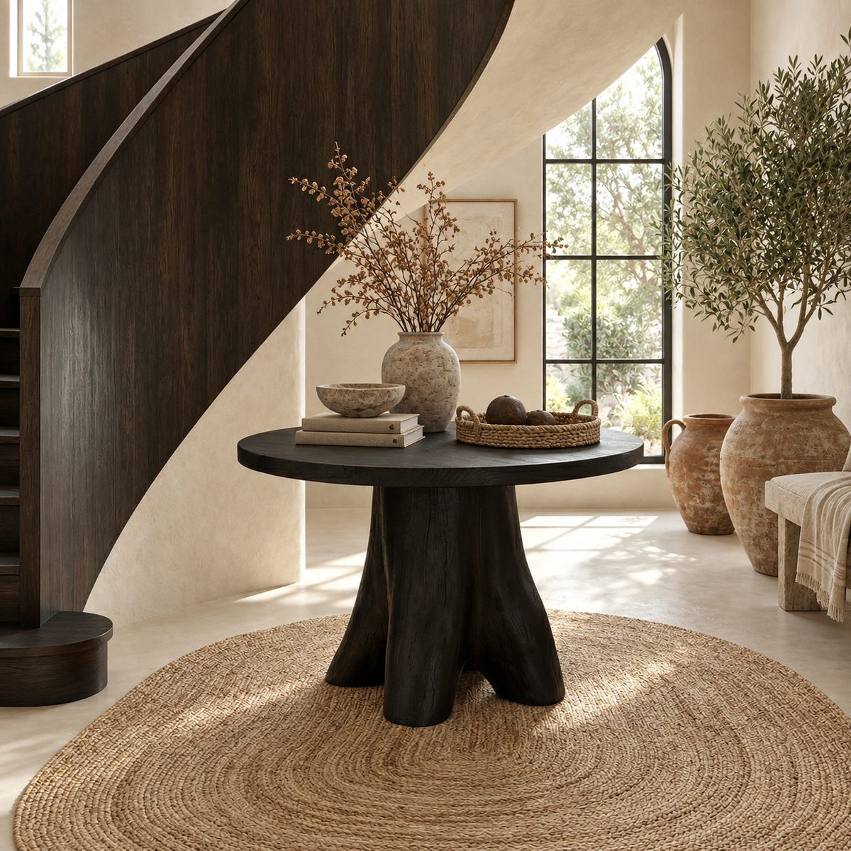 Tree Stump Pedestal Round Entryway Table, Rustic Modern Solid Wood Foyer Accent Table for Hallway