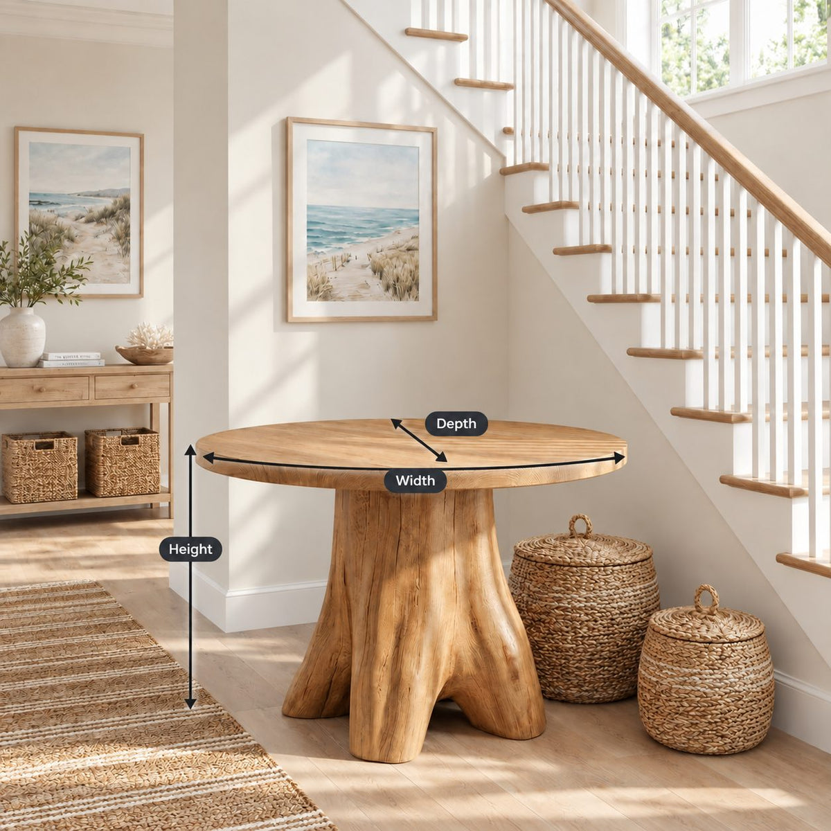 Tree Stump Pedestal Round Entryway Table, Rustic Modern Solid Wood Foyer Accent Table for Hallway