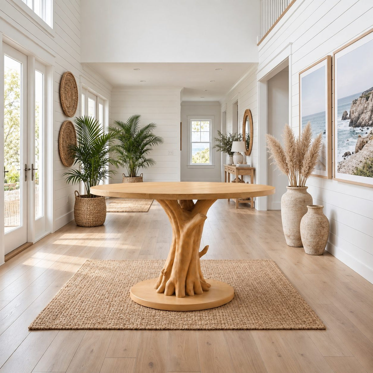Round Entryway Table with Carved Tree Branch Pedestal on Disc Base, Solid Wood Foyer Table