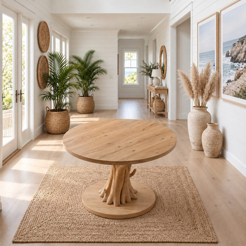Round Entryway Table with Carved Tree Branch Pedestal on Disc Base, Solid Wood Foyer Table