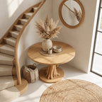 Round Entryway Table with Carved Tree Branch Pedestal on Disc Base, Solid Wood Foyer Table