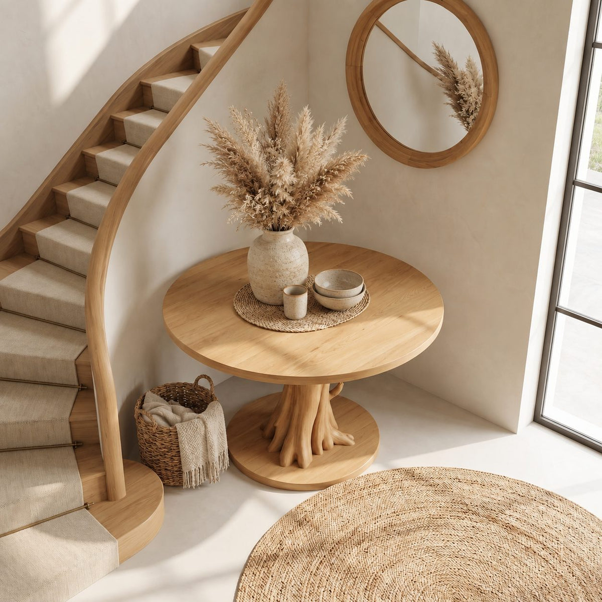 Round Entryway Table with Carved Tree Branch Pedestal on Disc Base, Solid Wood Foyer Table