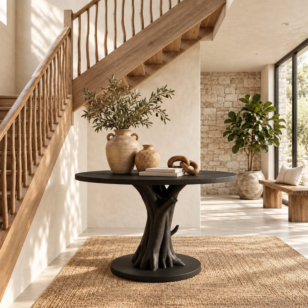 Round Entryway Table with Carved Tree Branch Pedestal on Disc Base, Solid Wood Foyer Table