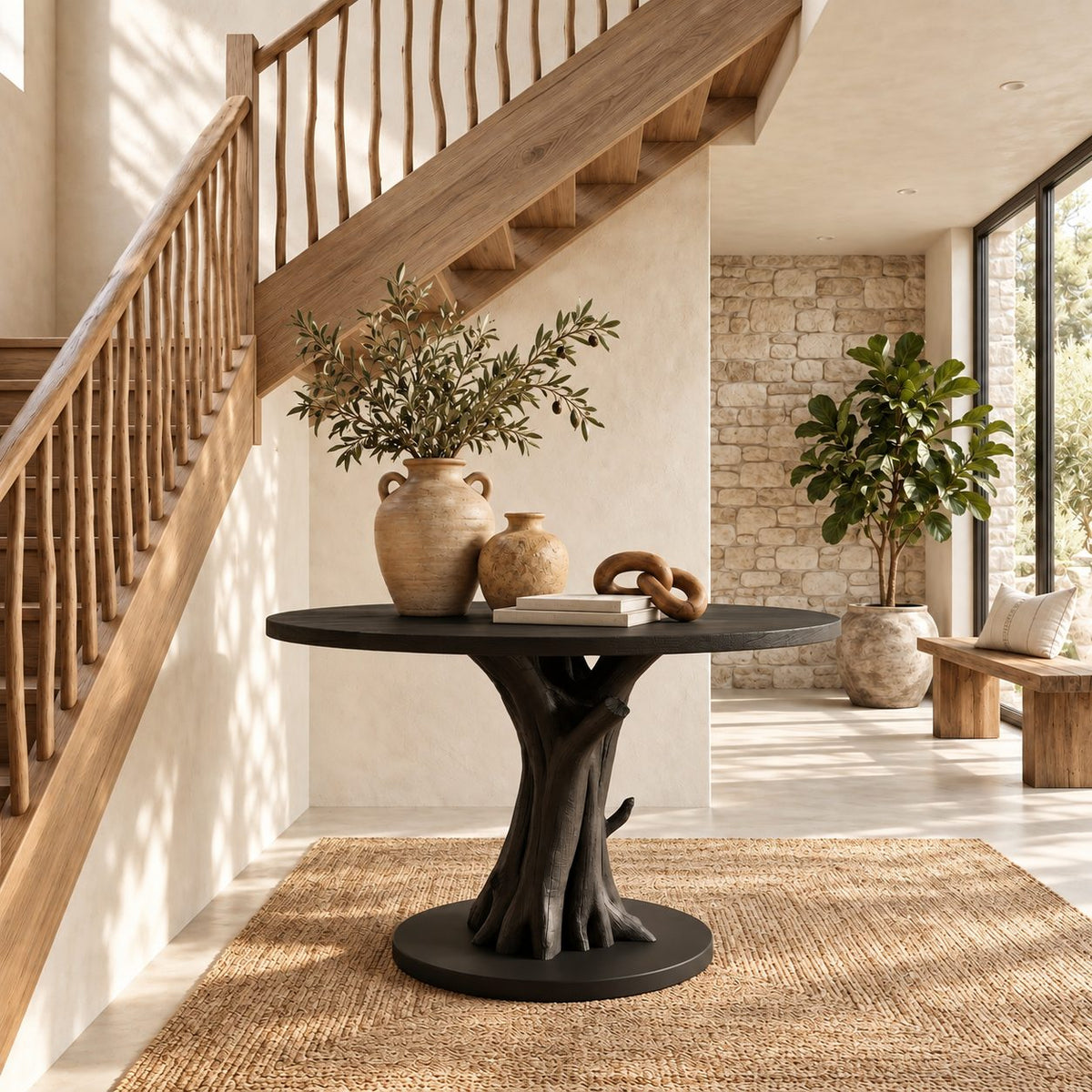 Round Entryway Table with Carved Tree Branch Pedestal on Disc Base, Solid Wood Foyer Table
