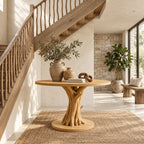 Round Entryway Table with Carved Tree Branch Pedestal on Disc Base, Solid Wood Foyer Table