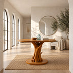 Round Entryway Table with Carved Tree Branch Pedestal on Disc Base, Solid Wood Foyer Table